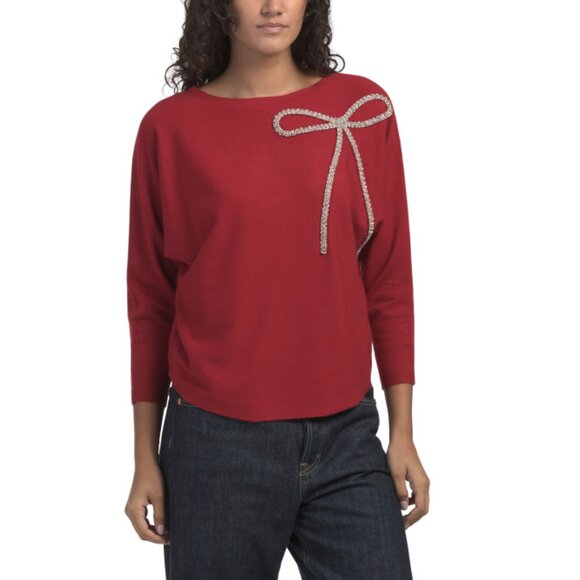 LIV Ravishing Red Bow Embellished Dolman Pull Over Sweater - Picture 1 of 2